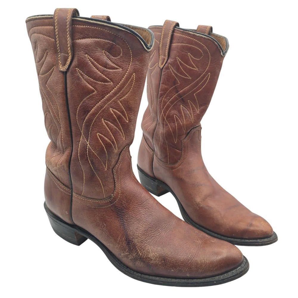 Acme Vintage Brown Leather Western Cowboy Boots Mens 9 C Pointed Toe Made in USA